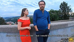 European teen bent over for cash, fucking a stranger while dad watches nearby