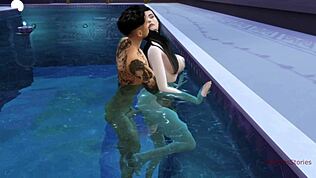 Bu sürtük gizlice kaçıp havuz kenarında ateşli bir adamla sikişiyor