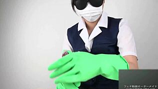 Handjob Asia dengan sarung tangan lateks.