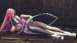 타이마닌 아사기 3의 마카이 키시가 바닥에서 스푼 포즈 취하는 3D SFM 애니메이션