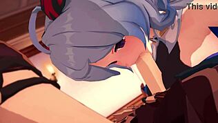 Detaljert scene med Bell og Ganyu fra Genshin Impact i 3D tegneserie