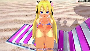 marie rose i bikini bliver vild på stranden i 3d tegnefilm-fantasi.