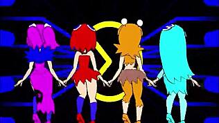 Yo, poglej te pacman duhove dekleta, ki divje plešejo v anime hentai stilu, popolnoma vroče!