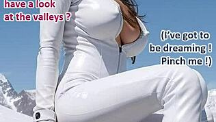 Barna hajú nő bőrruhában kiveri a farkát kint a síközpontban