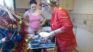 Babysitter milf cooks in thong lingerie kissing big tits teen on new years