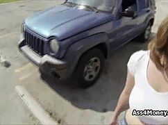 i'm a teen 18+ amateur giving blowjob with big tits outdoors in public on sunny day, homemade pov