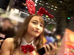 Excited bunny girl rides cock in Shibuya Halloween sex