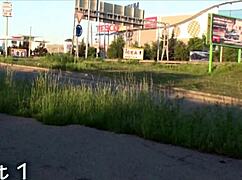 Pretty blonde risks it all in public gangbang on the street.