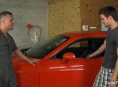 Sexy gay mechanic enjoys a break in the garage