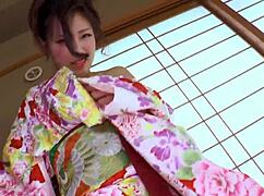 Japanese Kimono Beauty Chiaki Hidaka Rides Hard in Handjob Scene