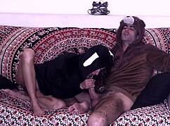 Pajama sex with costumes on the sofa