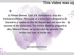 Femdom instructs jerk off and cum eating session.