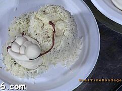 Ferocious whipping on bent over gal in femdom contest with rough bondage