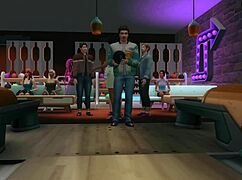 Gangbang at Bowling Alley with Closeup Blowjobs, Cunnilingus, Facials, Cumshots on Perky Tits