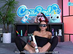 This cute teen on camsoda spreads her shaved pussy and uses a huge vibrator to orgasm