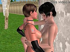 In a 3d animated world, a lesbian girl passionately fucks another in the pussy and ass against the wall.