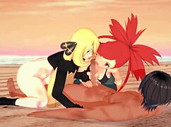 Wow! Pokemon Threesome with Flannery and Cynthia on Beach!