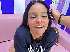 Imagine an 18-year-old girl giving sloppy blowjobs to her best friend in POV, deepthroating that big cock