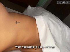 pov of my hot blonde roommate with big tits squirting. she rides wild in dorm missionary action.