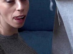 Candie Cross on her knees, 'Want this deepthroat facial?'