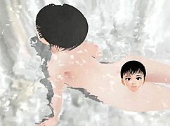 Anime girl tries mixed bath in secret hot spring.