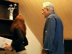 Redhead Slutty Chick Rewards Generous Grandpa with Wild Fuck and Blowjob.