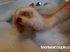 couple jerks boyfriend in homemade bath handjob