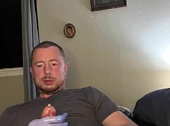 flexible guy plugs and masturbates with monster cock toys 😈