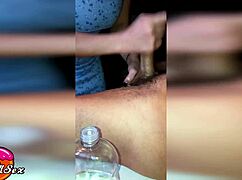 Sexy blonde prefers handjob on big cock over dinner, cums hard