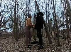 thick girl goes topless and sucks cock in the park with her boyfriend