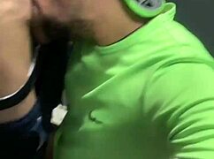 that well-endowed guy giving a blowjob in the bathroom, almost getting caught with sheer clothes on.