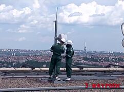 Watch this rooftop double dick anal fuck for skinny teen