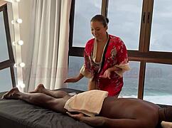a skilled asian masseuse, lina nakamura, gives a relaxing massage to a hung black man who couldn’t hold back and creampied her latina pussy outdoors.