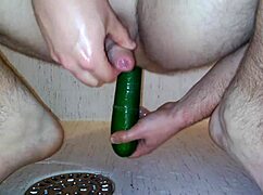 Gay Guy Stuffs Vegetable Deep In Ass Under Shower Spray