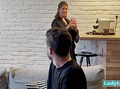 Ladylyne Welcomes Neighbor with Deepthroat on Monster Cock in Sexy Lingerie