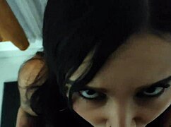 delicious young latina brunette gets bent over for deepthroat and cum in mouth by her trainer.