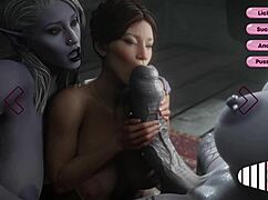 Two guests pick a busty woman for a wild futanari double penetration threesome animation.