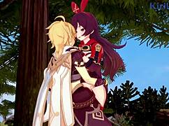 amber and fischl with amy and aether in wild 3d hentai. intense teen 18+ creampie sex in genshin impact anime.