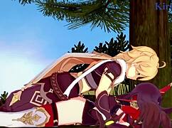 amber and fischl with amy and aether in wild 3d hentai. intense teen 18+ creampie sex in genshin impact anime.