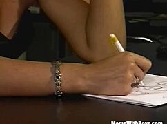 brunette office milf in sexy stockings receives blowjob and facial at work