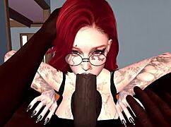 सेकंड लाइफ में काला आदमी रेडहेड गोरी औरत को कुर्सी पर मॉन्स्टर लंड से चोदता है