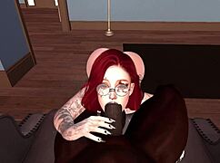 Black man in Second Life bangs redhead white woman on chair with monster cock