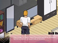 In this hentai game, he fucks his wife right in front of him, then they go to the onsen for more