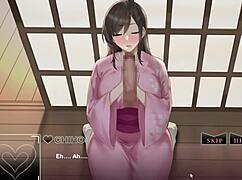 In this hentai game, he fucks his wife right in front of him, then they go to the onsen for more