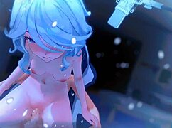 Freyna bends over in doggystyle motion.