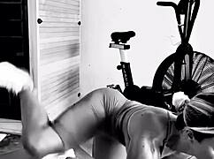 Creepy masks add intrigue to this intense workout session.