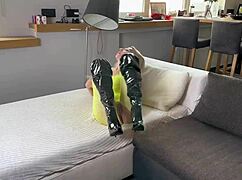 Horny Housewife Gets Cumshot On Latex Heels