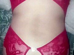 red lingerie filled with cum in group swingers scene