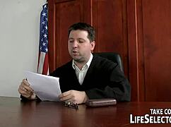 Blonde housewife engages in interactive sex scene in courtroom.