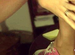 Her lesbian lover stuffs tight cunt with dildo to make her cum